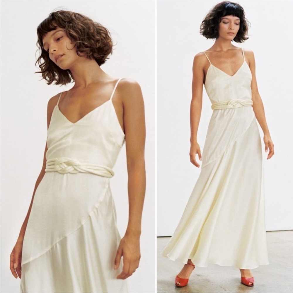 Mara Hoffman Cream Satin Maxi Dress with Braided Waist